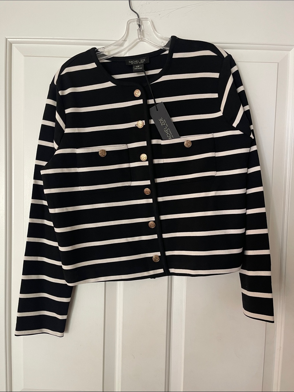 Rachel Zoe Black & White Striped Gold-Button Cropped Jacket